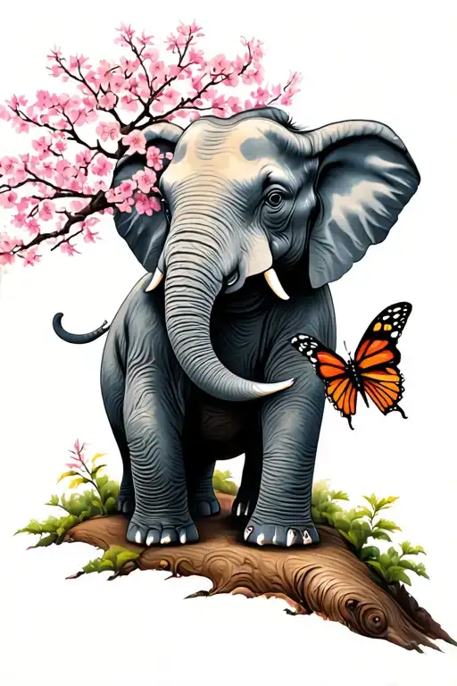 elephat with butterfly on trunk in front of a cherry blossom tree tattoo design idea