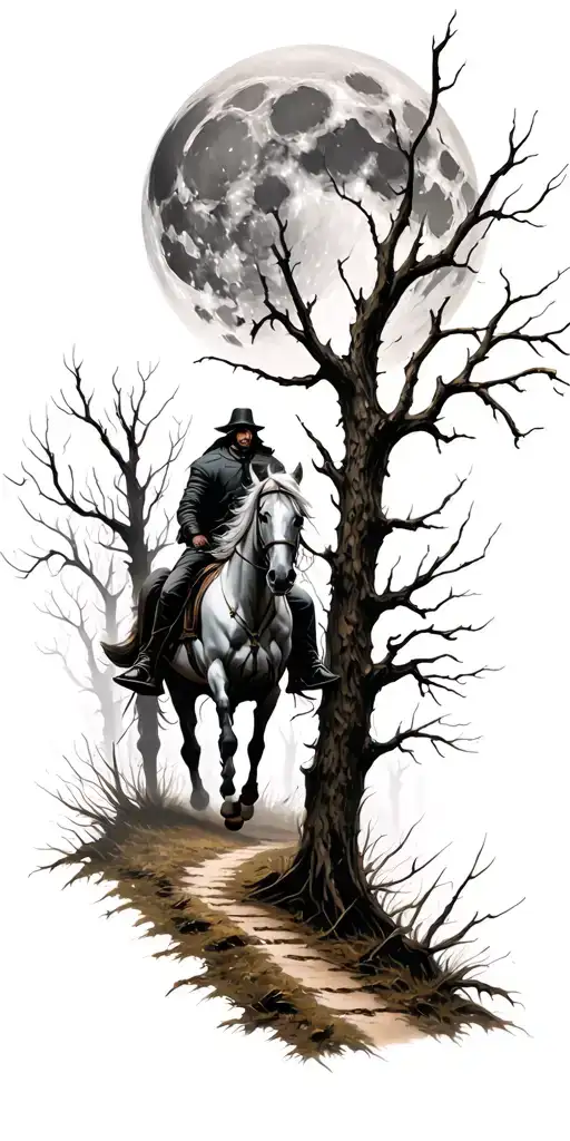 the headless horseman riding down a haunted forest path with dead trees, a large full moon on the shoulder  tattoo design idea