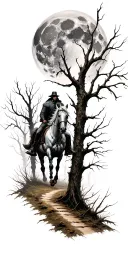 the headless horseman riding down a haunted forest path with dead trees, a large full moon on the shoulder  tattoo design idea