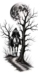 the headless horseman riding down a haunted forest path with dead trees, a large full moon on the shoulder  tattoo design idea