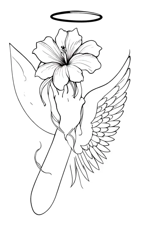 Long minimalist forearm with angel wings with halo at the wrist, lily flower & hibiscus flower at the top, 831 tattoo design idea