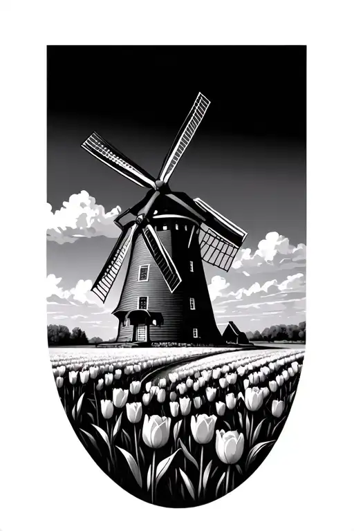 Dutch windmill with tulip field tattoo design idea
