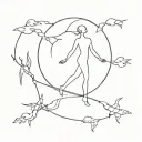 personification of the cycle of life, where a person goes into the unknown, but comes to one, b/w tattoo design idea