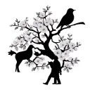 blossem tree with robbin brids together with my nan and grandad walkint together  tattoo design idea