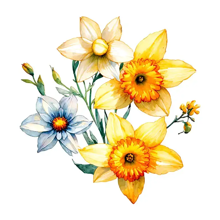 daffodil flower, aster flower, marigold flower bouquet tattoo design idea