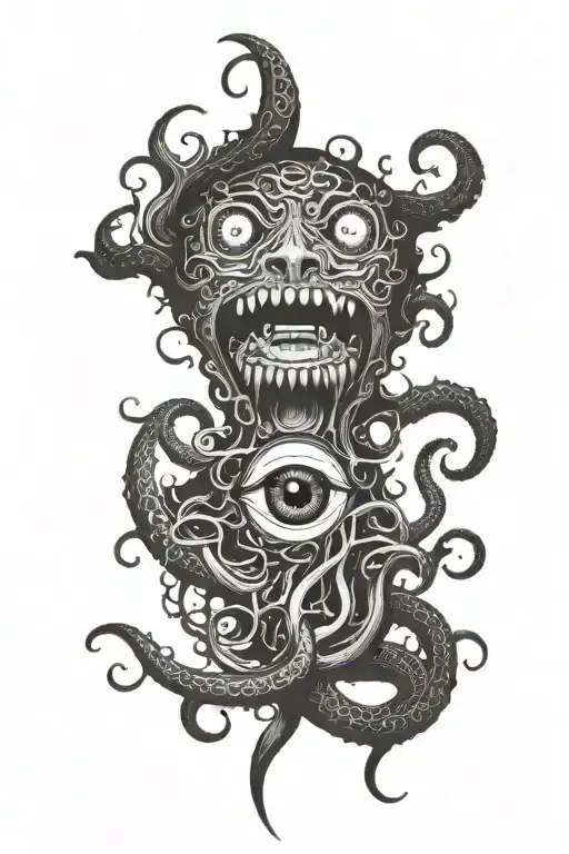 eldritch mouth with an eye inside and tentacles surounding it tattoo design idea