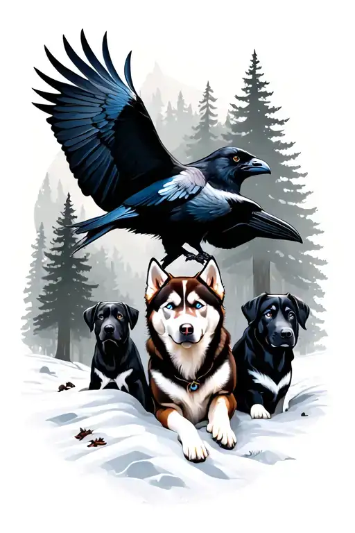 forest scene featuring a raven over looking 3 black labs and a brown and white husky with blue eyes tattoo design idea