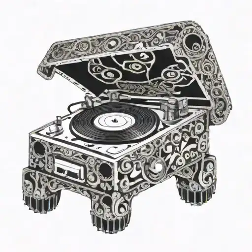 An abstract representation of a vintage record player, with intricate details and patterns inspired by different cultures from around the world tattoo design idea