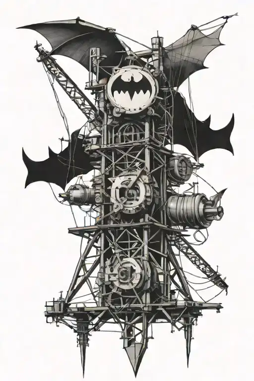 electricity pylon, electrical engine, three phases, batman, artistic, dark tattoo design idea