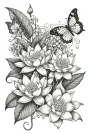 Water lily, larkspur, hawthorn and lily of the valley tattoo design idea