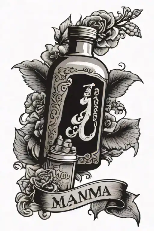 mama in memory loss to suicide and addiction  pill bottle liquor bottle  tattoo design idea