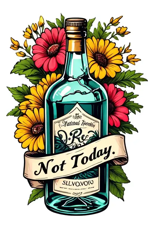 Broken Liquor Bottle with flowers behind and a banner that reads "Not Today" tattoo design idea