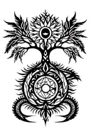 tribal design including army elements, tree of life, dna strand, goddess sun and moon in cente, dragon, hawaiian islands tattoo design idea