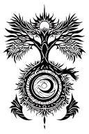 tribal design including army elements, tree of life, dna strand, goddess sun and moon in cente, dragon, hawaiian islands tattoo design idea