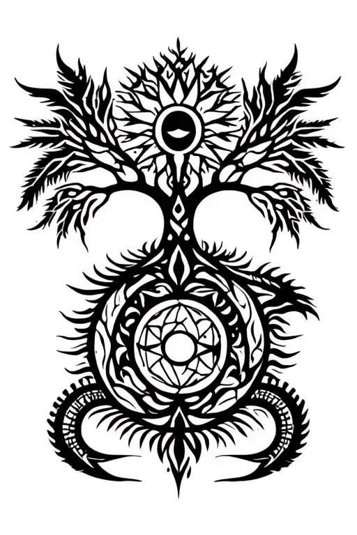 tribal design including army elements, tree of life, dna strand, goddess sun and moon in cente, dragon, hawaiian islands tattoo design idea