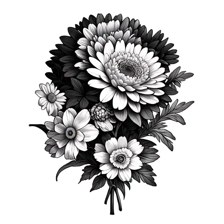 chrysanthemum, aster, carnation, and narcissus flower bouquet tattoo design idea
