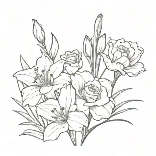 3 dainty flowers, carnation, gladiolus, and narcissus tattoo design idea