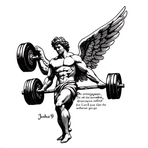 A detailed blackwork tattoo of a muscular angel lifting weights, with the quote 'Be strong and courageous. Do not be afraid; do not be discouraged, for the Lord your God will be with you wherever you go' - Joshua 1:9 incorporated into the design tattoo design idea