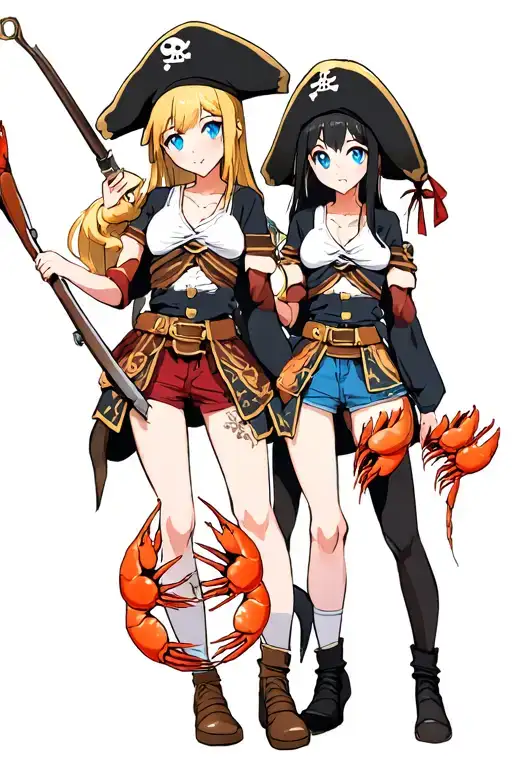 two girls selling shrimp and crab claws with blue eyes one has blonde hair one has black and their pirates with muskets tattoo design idea