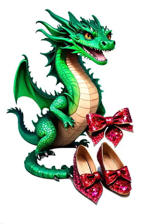 friendly emerald dragon and two sparkly ruby flat shoes with bows on toes tattoo design idea