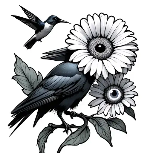 raven holding a gerbera daisy with eyeball center and hummingbird  tattoo design idea