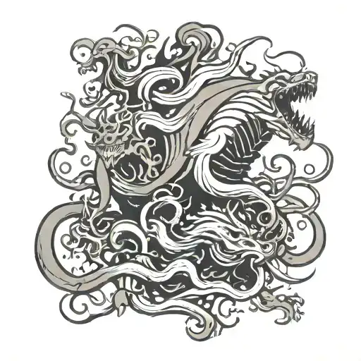 Minimalist Nordic tattoo depicting an epic battle. A group of heroes face off against a tentacled monster. tattoo design idea