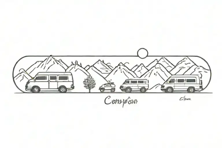 a single line transisting from mountain to heartbeat to campervan  tattoo design idea