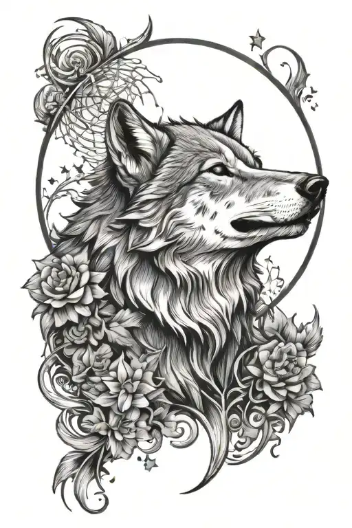 gray wolf moon star tattoo design idea