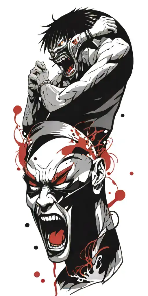 Anime character standing screaming wearing oni mask fighting off inner demons drowning tattoo design idea