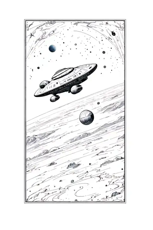 Cosmos, with a galaxy and a small ship of an Enterprise, which flies in a galaxy tattoo design idea