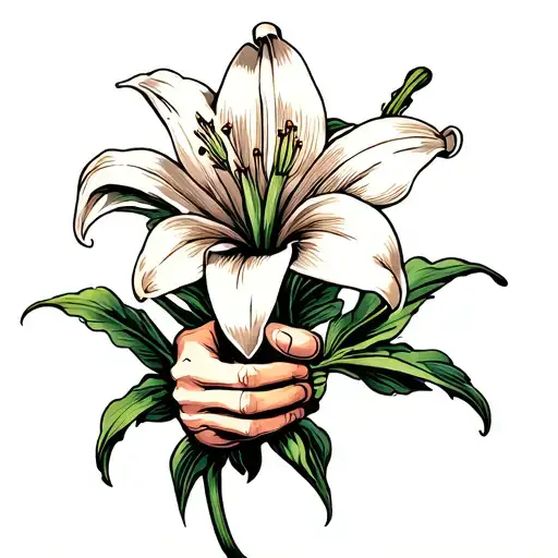 medieval gauntlet holding a lily flower tattoo design idea