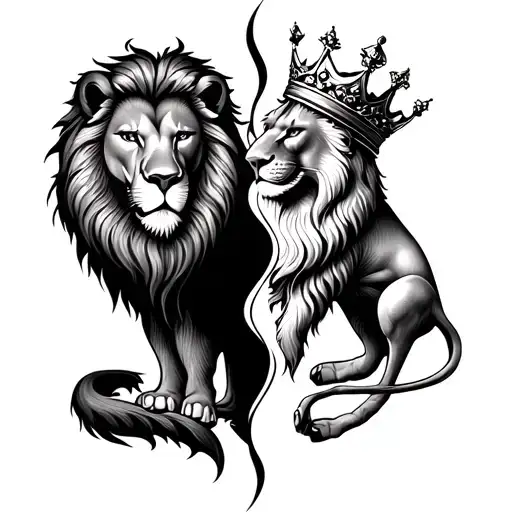 fine-line couples tattoo for fingers: split, heart incorporating a rugged lion, a lioness both with crowns. matched tattoo design idea