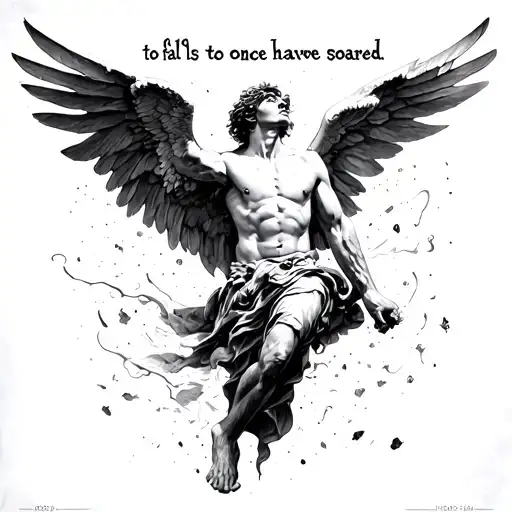The painting of icarus falling with the words "to fall is to once have soared" tattoo design idea