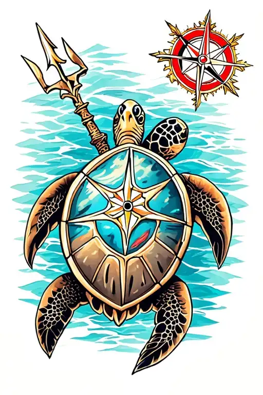 sea turtle; neptune's trident; compass rose; 4th of july themed tattoo design idea