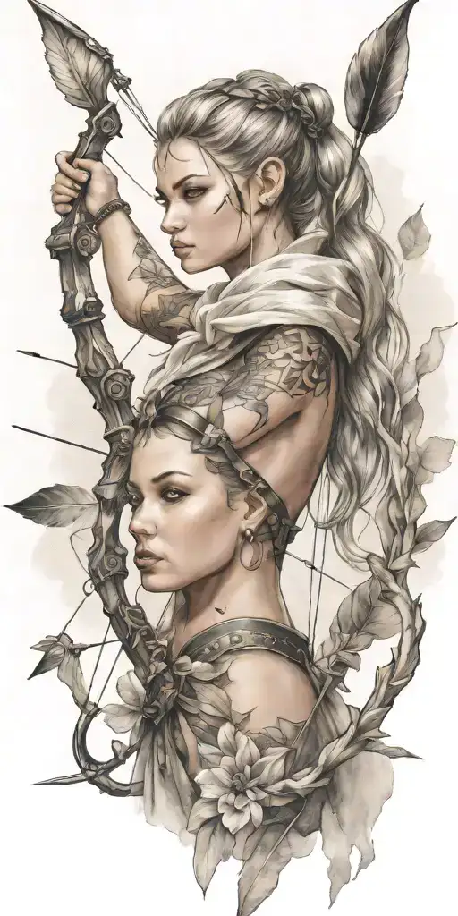 young adorable chyanne woman full body with bow and arrow tattoo design idea