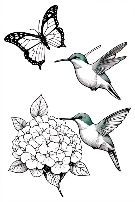 2 butterflies, a hydrangea, a hummingbird, and a bear cub tattoo design idea