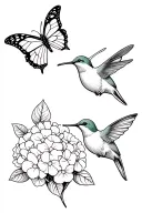 2 butterflies, a hydrangea, a hummingbird, and a bear cub tattoo design idea
