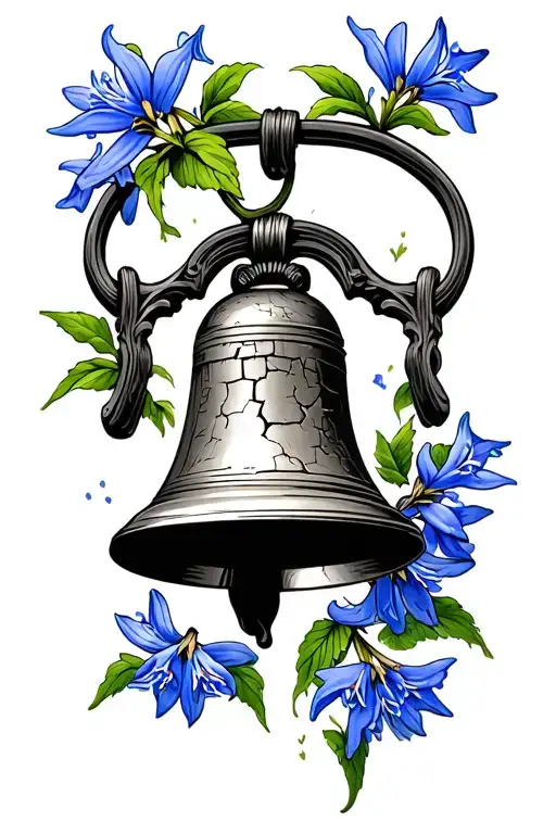 old  cracked church bell surrounded by bluebells flowers tattoo design idea