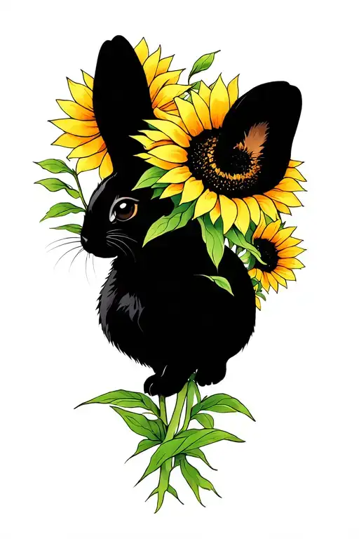 black rabbit and sunflowers long greens stems tattoo design idea