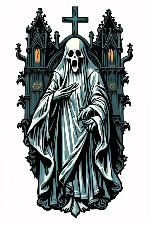 ghost sculpture from castle of vezio in a catholic goth cathedral  tattoo design idea