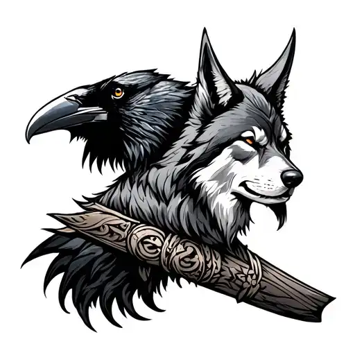 Viking with raven and wolf tattoo design idea