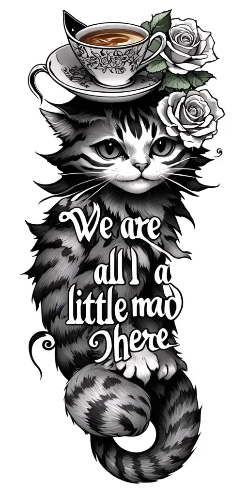 "We are all a little mad here" cheshire cat with tail intertwined with tea cup and rose tattoo design idea