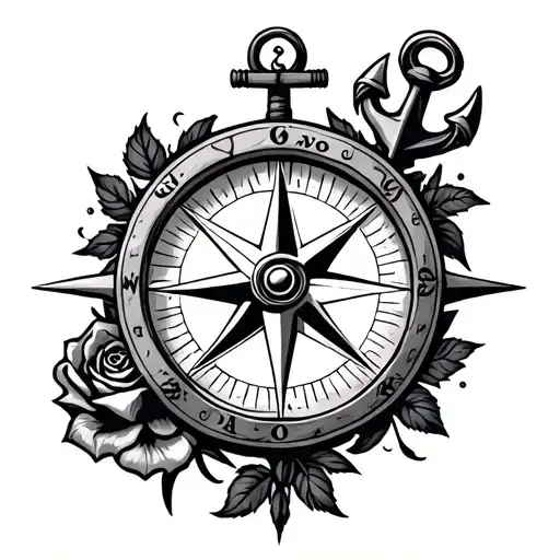 compass with rose and ship anchor tattoo design idea