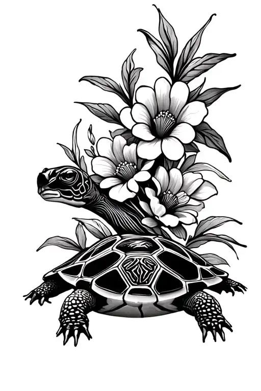 tortoise with flowers tattoo design idea