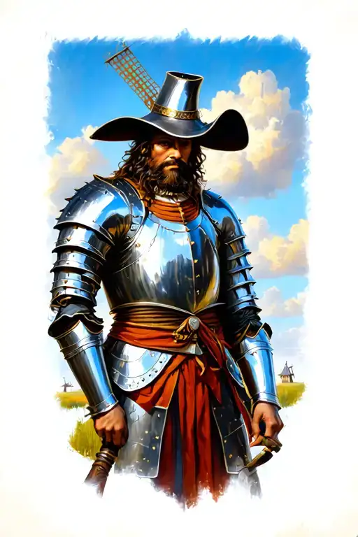 Don Quixote looking down shiny armor and hat on a background of windmill colored , looking strong cool and mythical  tattoo design idea
