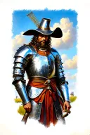 Don Quixote looking down shiny armor and hat on a background of windmill colored , looking strong cool and mythical  tattoo design idea