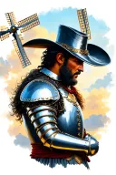 Don Quixote looking down shiny armor and hat on a background of windmill colored , looking strong cool and mythical  tattoo design idea