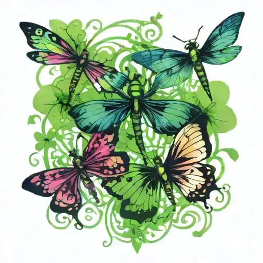 four leaf clovers, dragonflies pain grief tattoo design idea