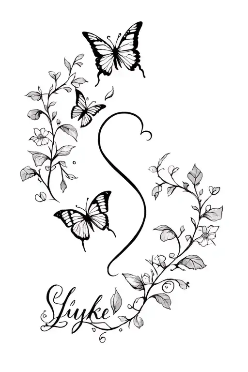 "Luke n Ellie" "Skye" butterflies flowers hearts vine intertwined tattoo design idea
