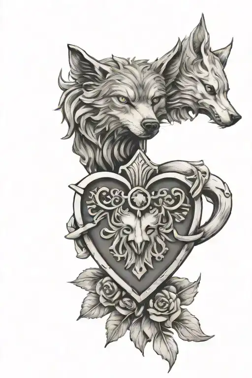 crest of a wolf and a anatonmical heart shaped lock tattoo design idea